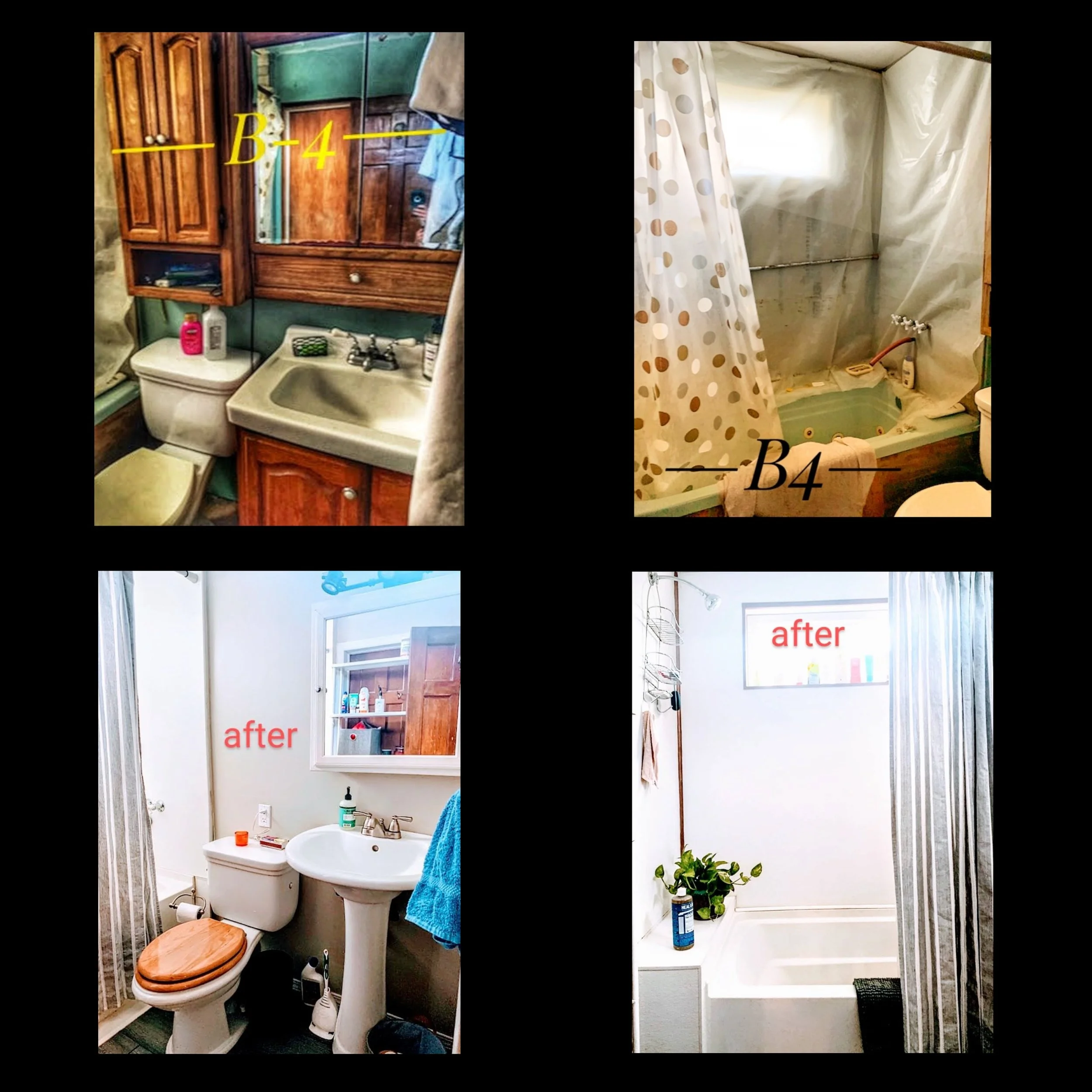Before and after images showing bathroom renovation. The left side depicts a bathroom with dark wood cabinetry, a green wall, a toilet, and clutter. The right side shows a bright, updated bathroom with a white shower and clean decor.