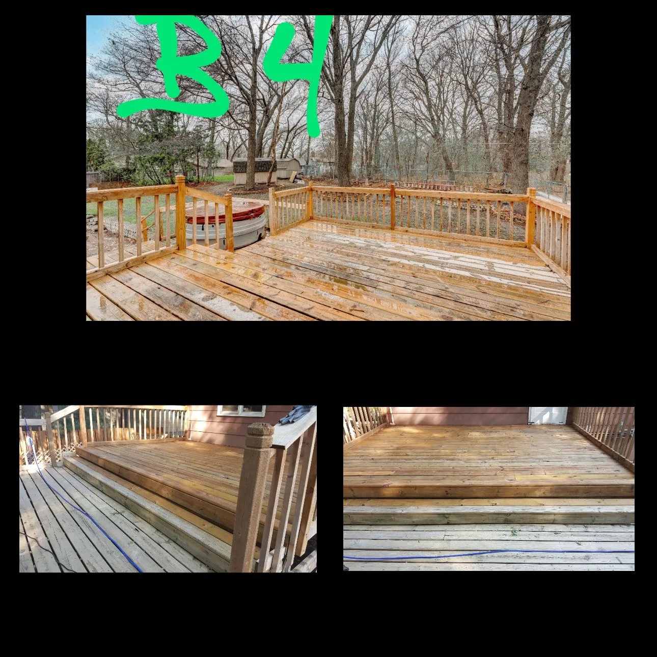 Images of a newly constructed wooden deck in an outdoor backyard, showing different angles with some completed sections and railing, and a backyard with trees in the background.