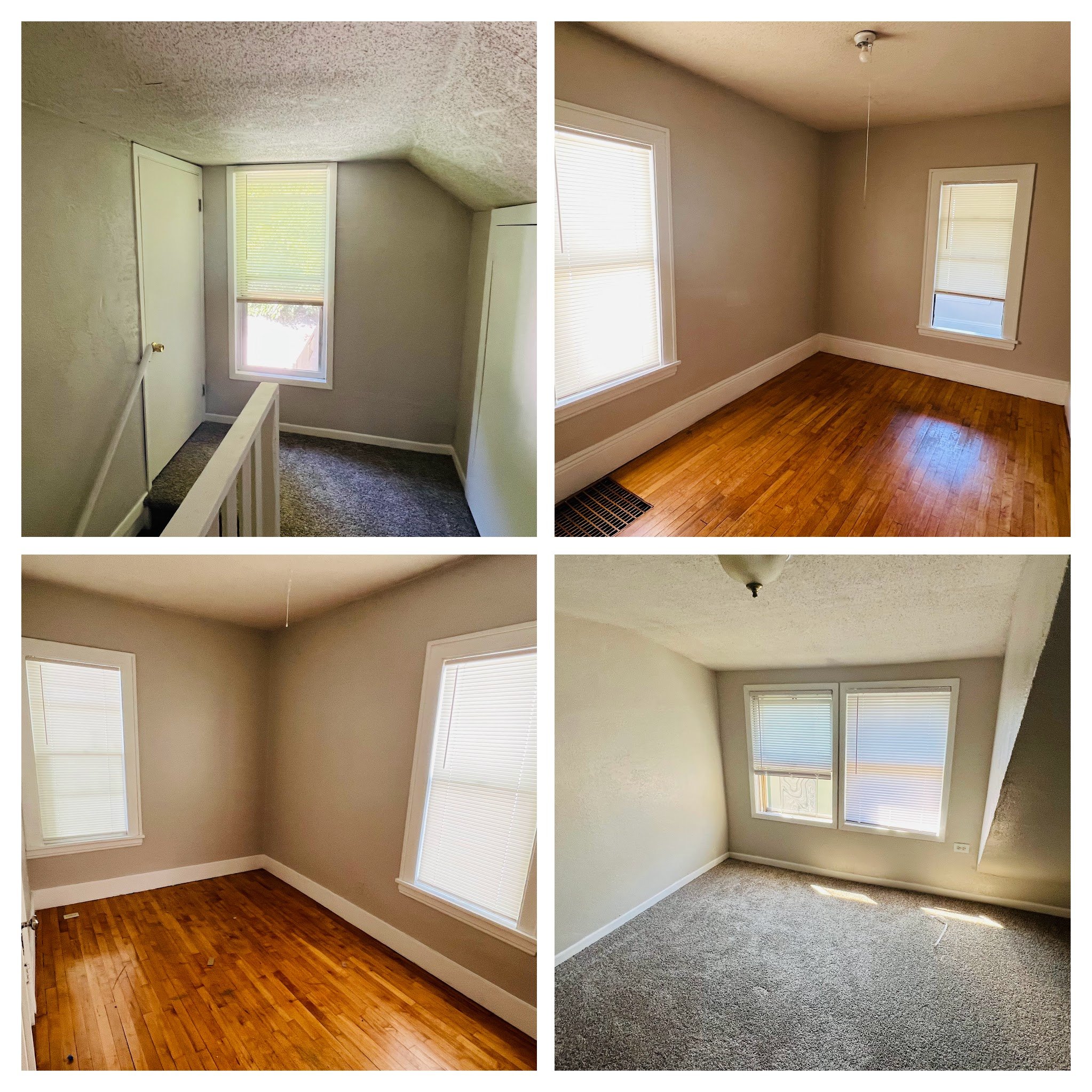 Comparison of two empty rooms with windows, one room has carpet and the other has hardwood floor.