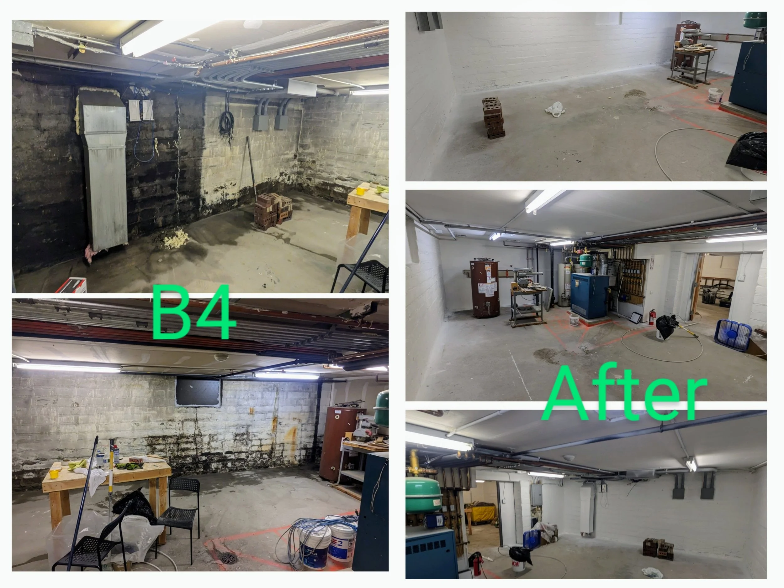 Comparison collage showing a basement before and after renovation. The 'Before' images depict a dark, damp space with peeling paint and exposed brick, while the 'After' images show a clean, bright, and organized basement with finished walls and resto