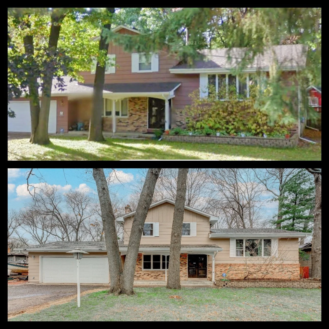 Comparison of two houses, one with a brown exterior, trees in front, garden, and an attached garage; the other with a beige exterior, trees in the yard, and a fenced backyard.