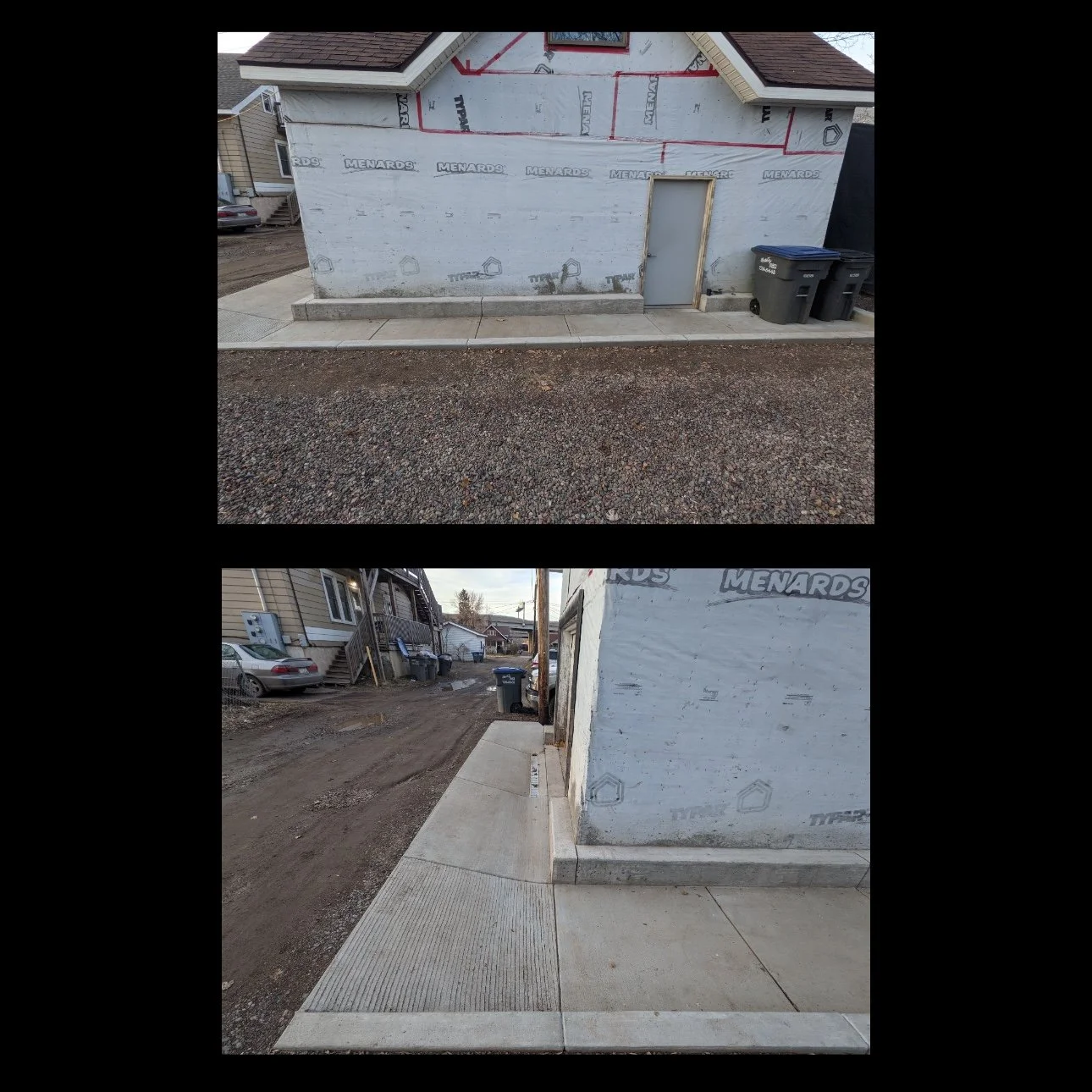 Two photos of a side of a building under construction, showing a brick sidewalk and curb, with a gravel and dirt roadway and parked cars in the background.