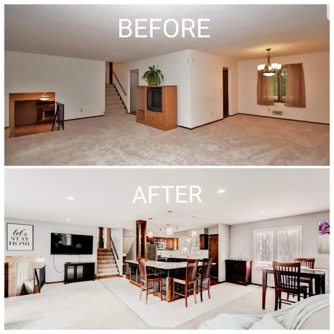 Comparison of living room before and after renovation, showing a transition from empty, beige-carpeted space to a modern, furnished, and decorated room with a dining area and updated decor.