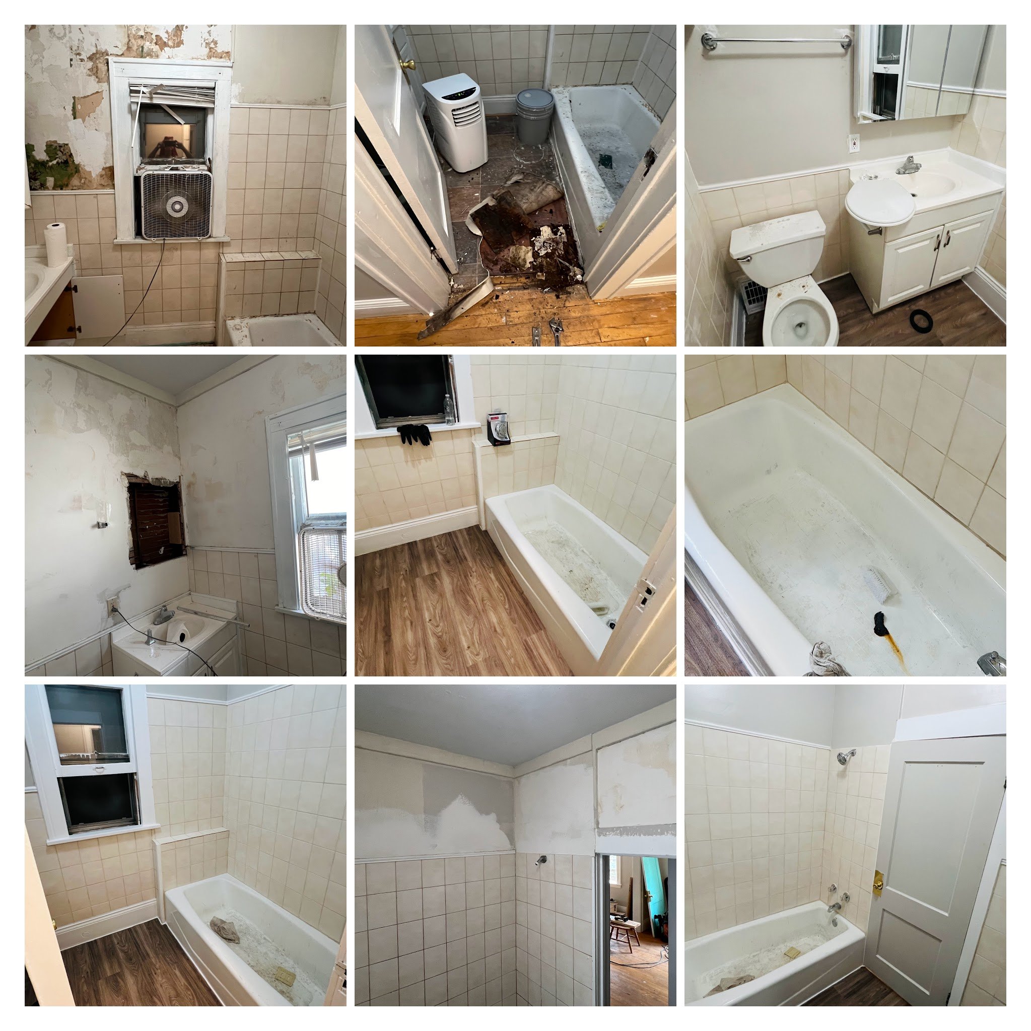 A collage of bathroom renovation images showing tile work, plumbing fixtures, and bathroom interiors before and after updates.