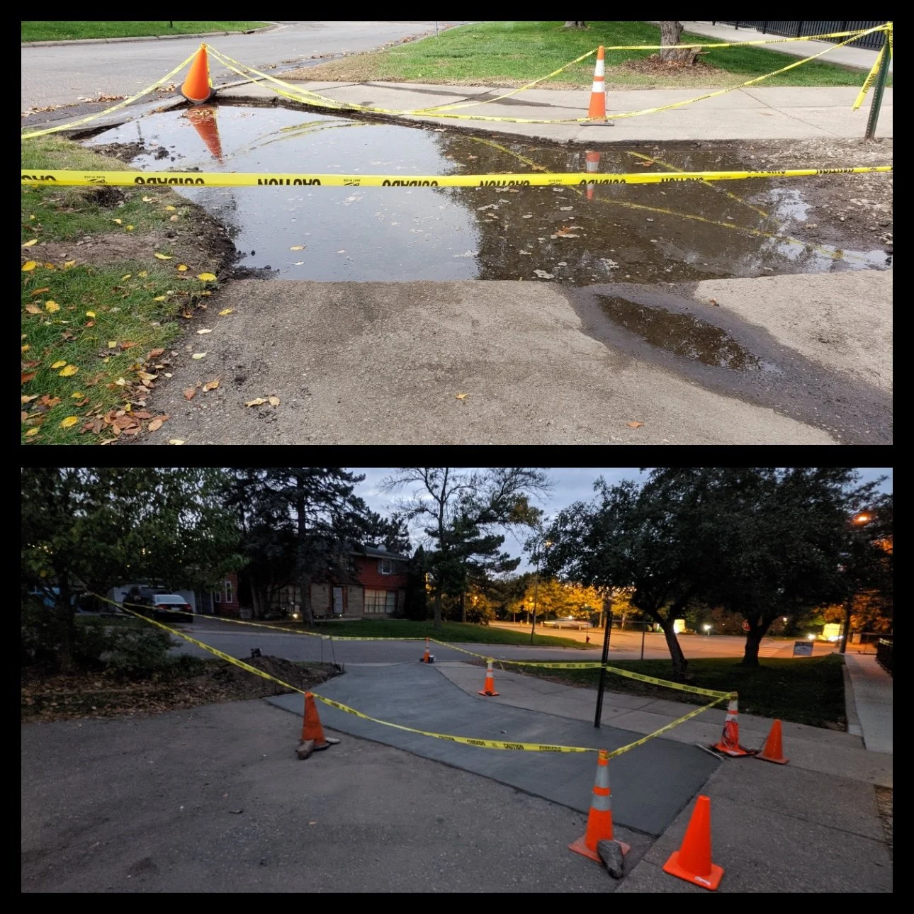 Two images showing sidewalk construction. The first image shows a sidewalk with puddles of water, caution tape, and orange traffic cones indicating a patchwork repair. The second image shows a freshly poured concrete sidewalk with orange traffic cone