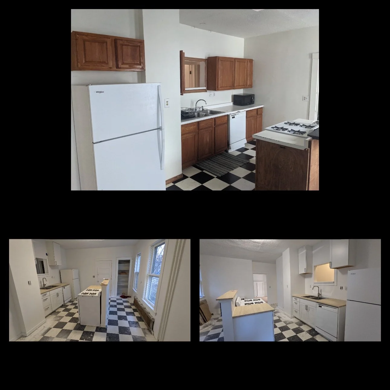 Three photos of a kitchen showing different angles. The kitchen has white appliances, wooden cabinets, checkered black and white flooring, and white walls.