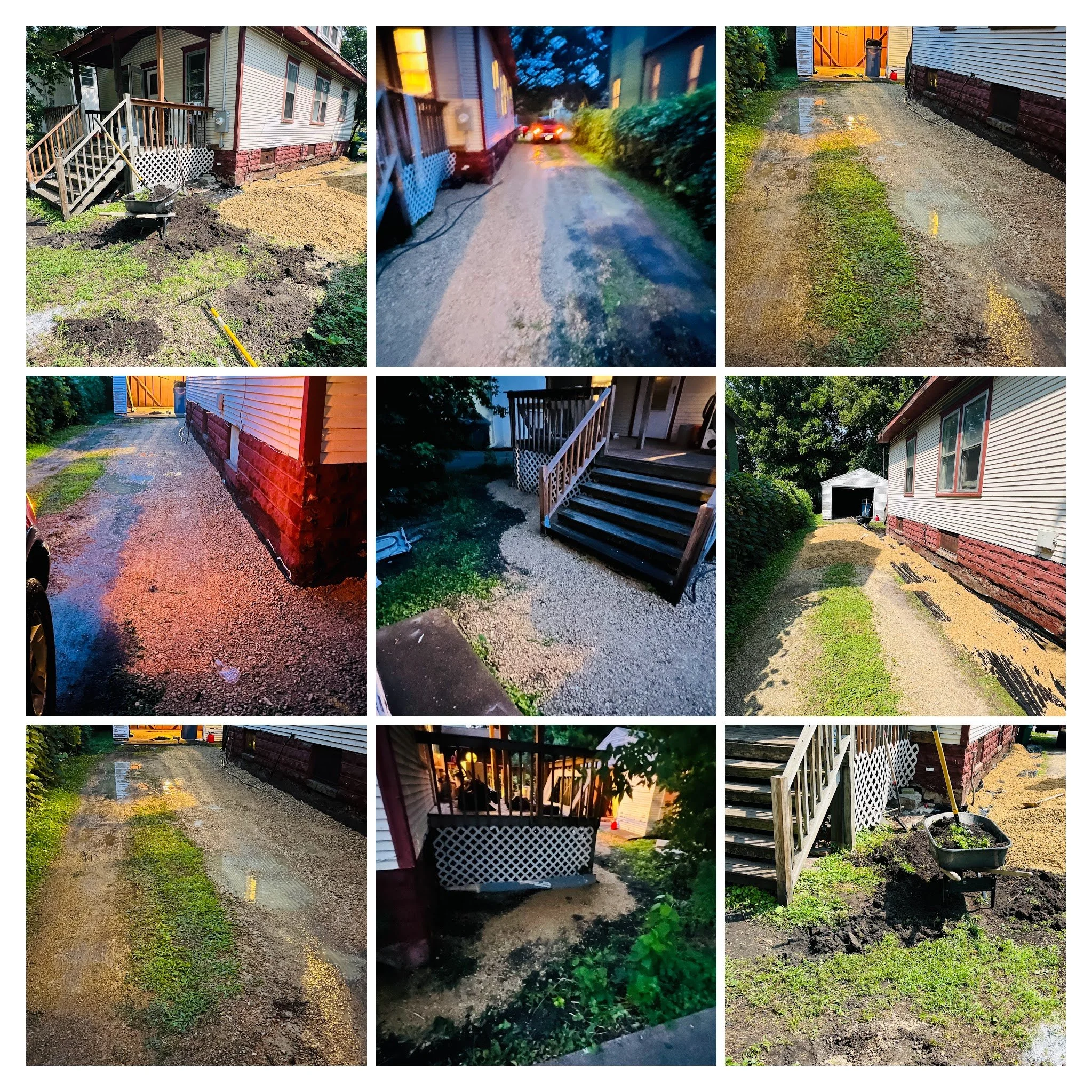 Collection of images showing a house with a new gravel driveway, a gravel path with wet patches, and a backyard with a shed and greenery, during daylight hours.