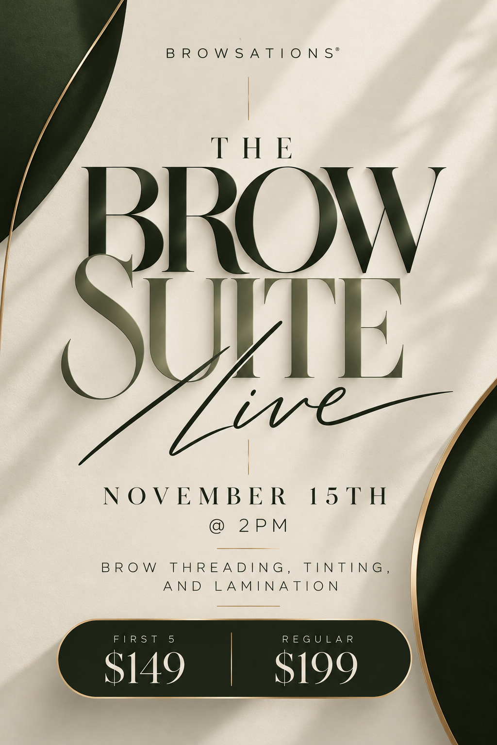 Invitation for a live brow shaping event on November 15th at 2 PM, featuring brow threading, tinting, and lamination, with prices listed as $149 for the first five and $199 regularly.