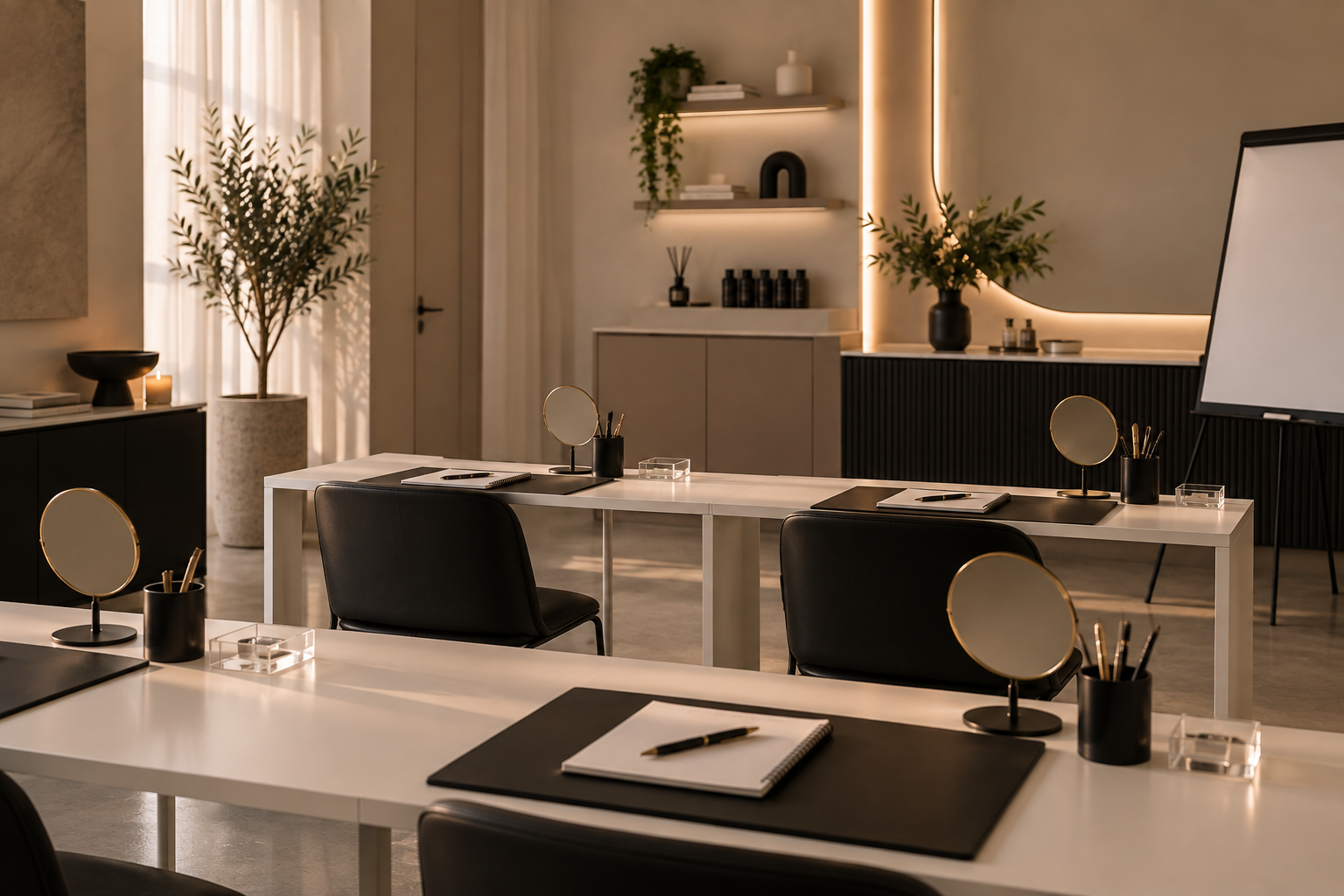 Modern conference room with white tables, black chairs, small round mirrors, notebooks, pens, and black desk organizers, decorated with potted plants and warm lighting.