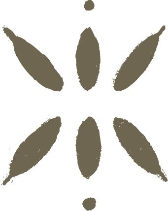 Abstract design with eight elongated oval shapes and three small circular dots arranged in a star-like pattern.