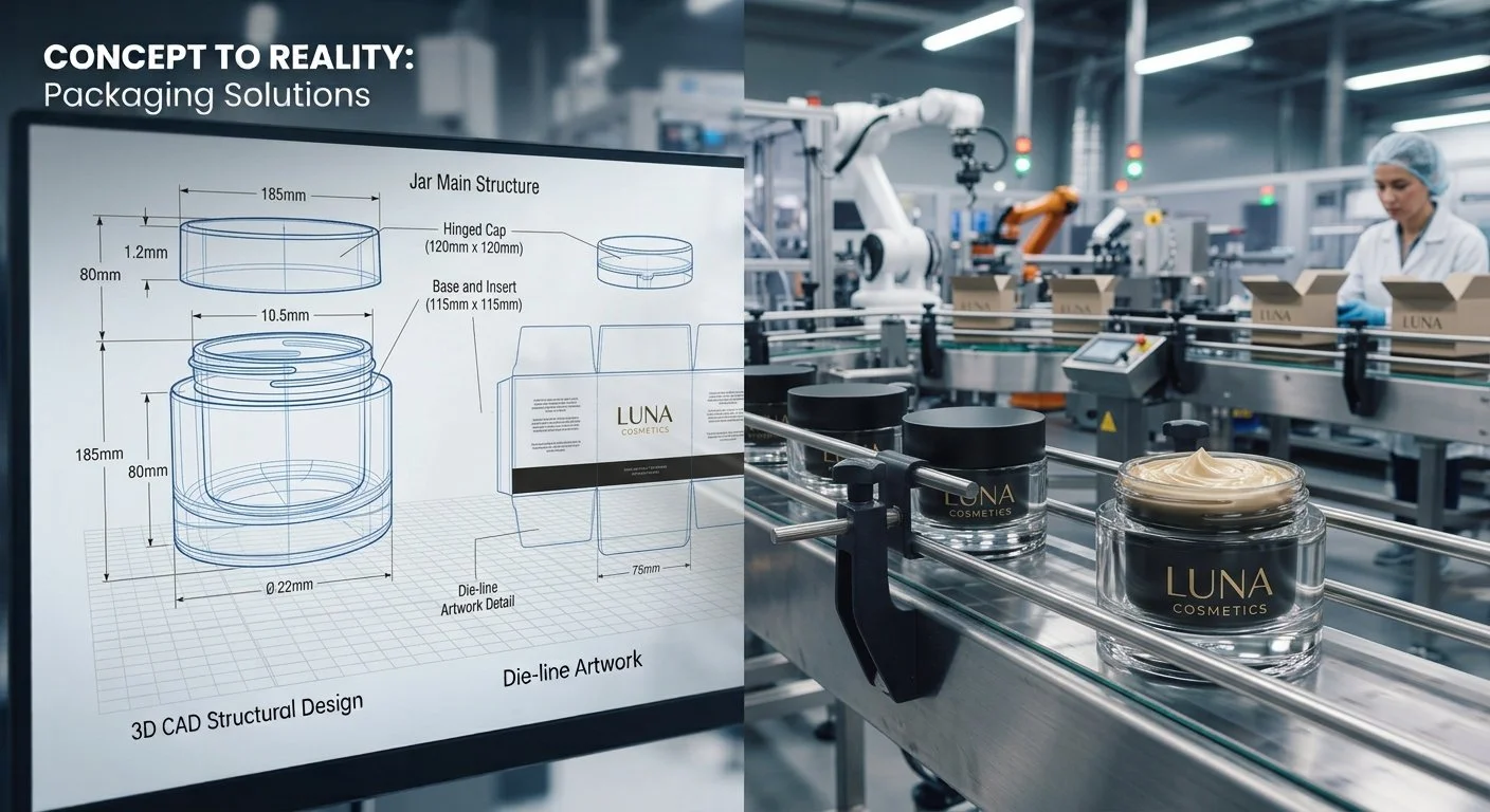 A manufacturing facility where cosmetic jars labeled 'LUNA COSMETICS' are on a conveyor belt. There is a technician and robotic arms in the background. A diagram on a screen shows a 3D CAD design of a cosmetic jar with detailed measurements.