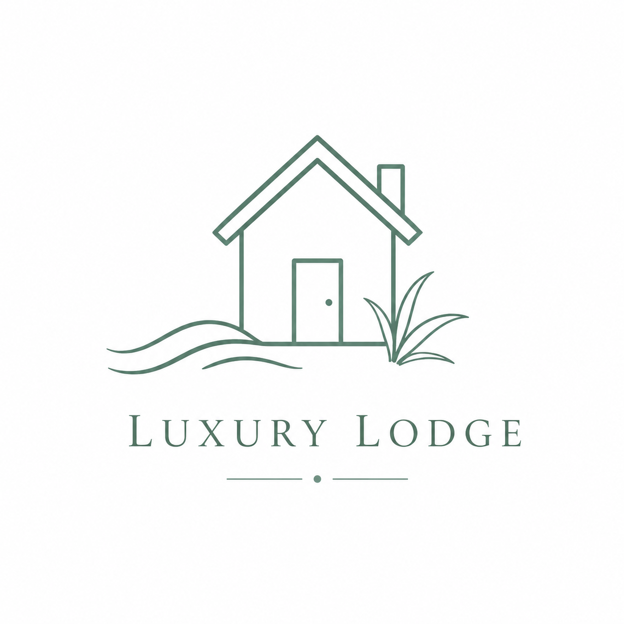 Simple line drawing of a house with a chimney, surrounded by grass and bushes, with the text "Luxury Lodge" underneath.