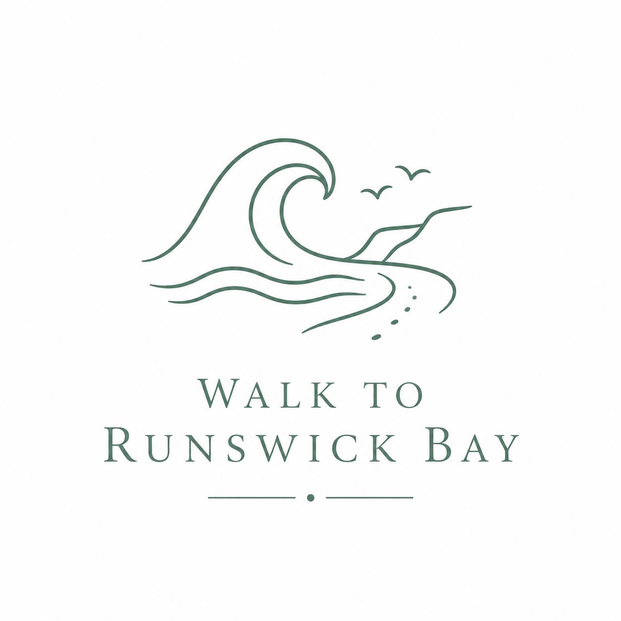 Simple line drawing of a large wave crashing onto the beach with seagulls flying overhead and a road leading to the bay, accompanied by the text "Walk to Runswick Bay".