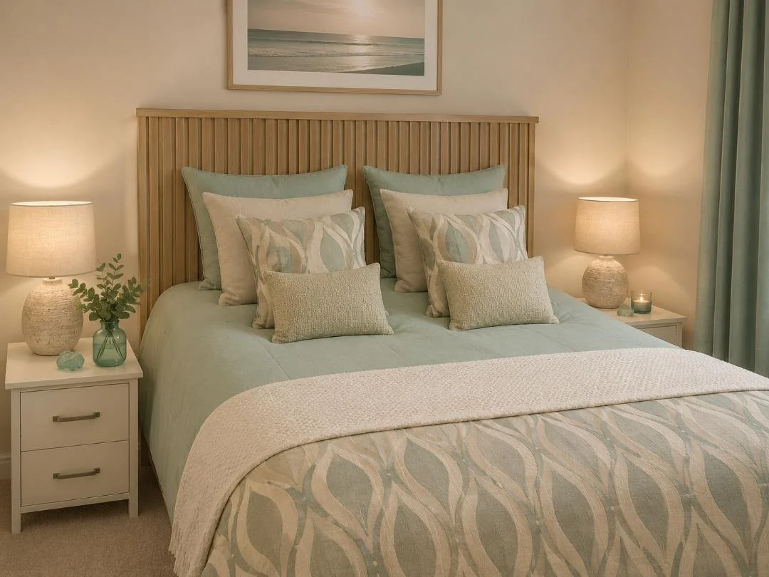 A cozy bedroom with a wooden headboard, light-colored bedding, and multiple decorative pillows. There are two bedside tables with lamps, a small plant, and a candle. A framed picture hangs above the bed.