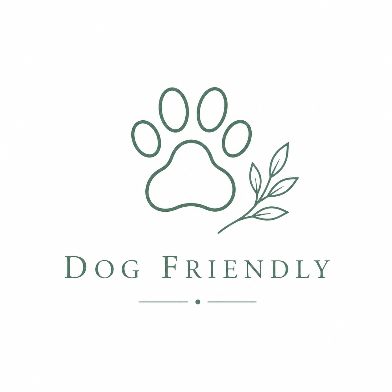 A minimalistic logo with a paw print and leaf illustration, along with text that reads "Dog Friendly".