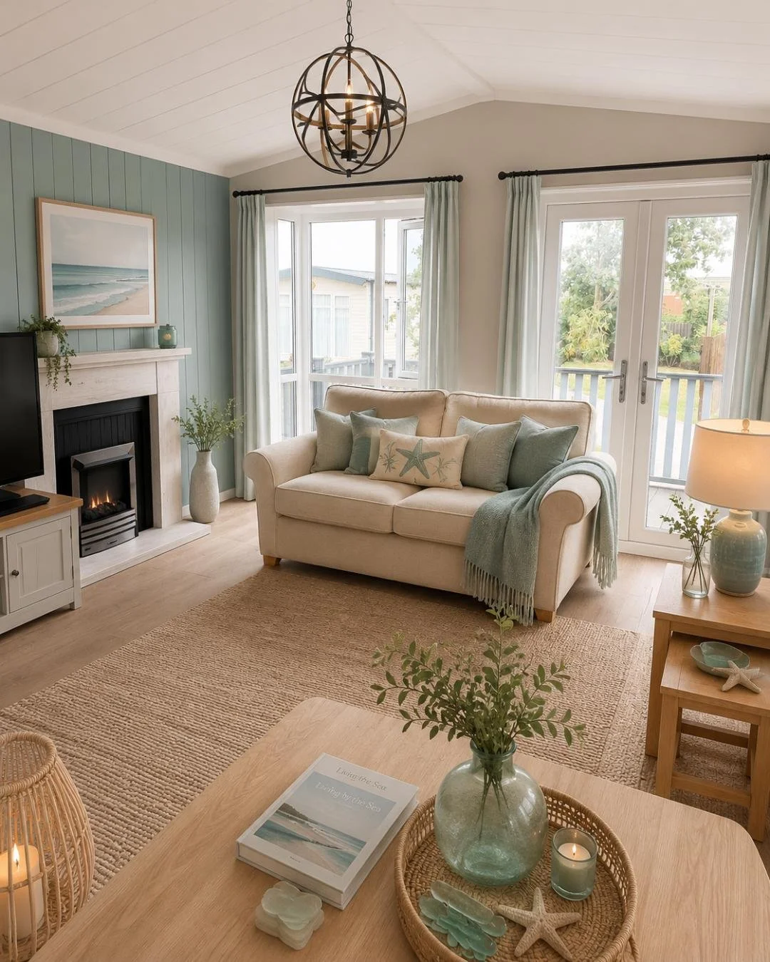 Coastal-themed living room with cream sofa, starfish pillow, green cushions, light blue throw blanket, fireplace, large windows with white curtains, and a wooden coffee table with a book, vase with greenery, starfish, and candle, on a woven rug.