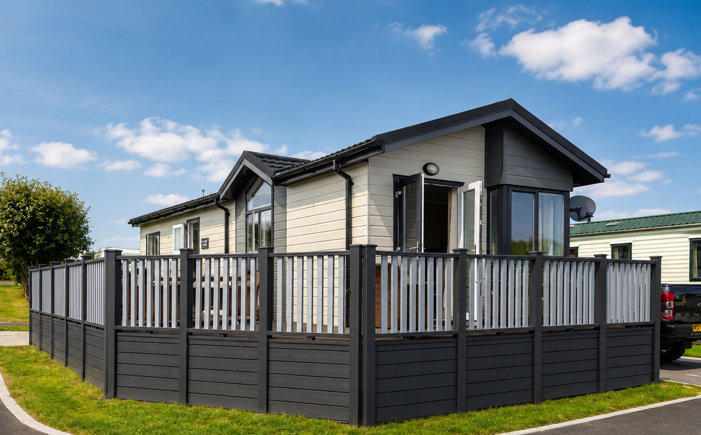 Exterior of Sea Glass Lodge, a luxury dog - friendly holiday lodge at Runswick Bay on the North east coast,