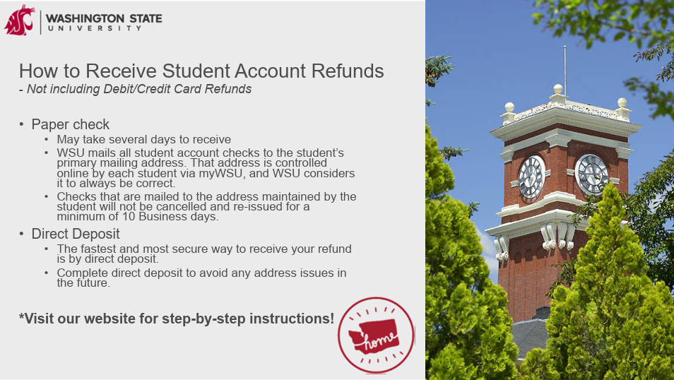 Educational slide explaining refund options including paper checks and direct deposit, with information about processing times, mailing addresses, and refund security. Features a graphic illustrating refunds or direct deposit.