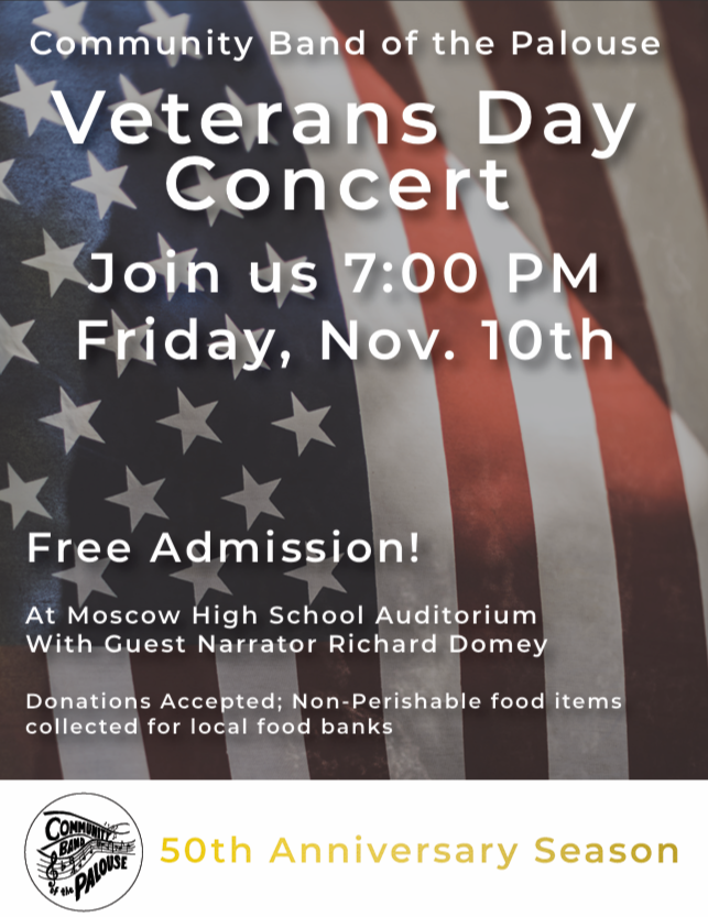 Marketing poster designed for the Community Band of the Palouse Veterans Day Concert. The poster features a faded American flag background and includes concert date, time, location, guest narrator information, free admission details, and 50th anniver