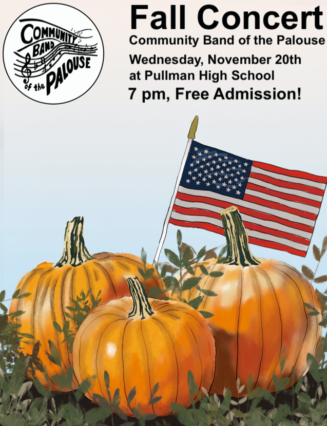Marketing poster designed for the Community Band of the Palouse Fall Concert featuring illustrated autumn pumpkins, an American flag, concert date and location information, and free admission details.