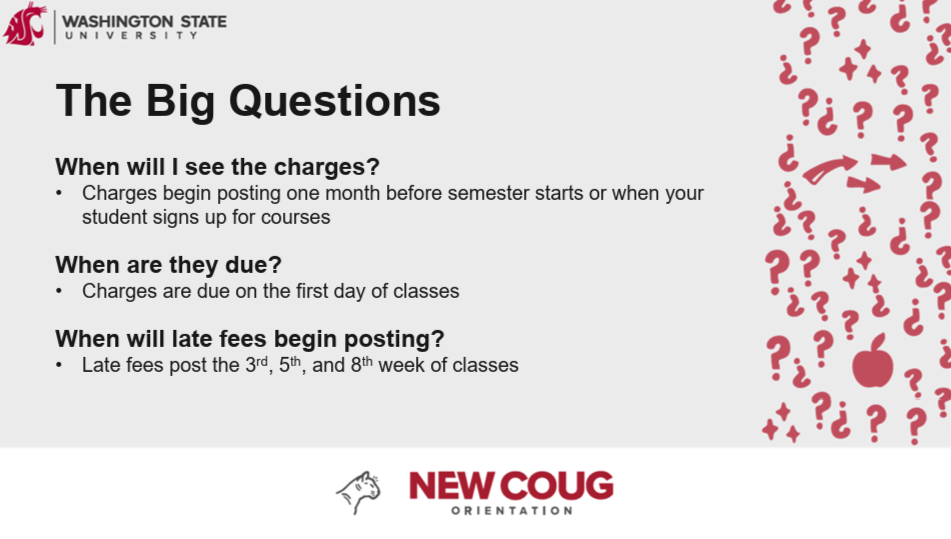 Informational slide explaining key billing timelines, including when charges appear on student accounts, payment due dates, and late fee schedules. Features an illustration of a person standing beside a large question mark.