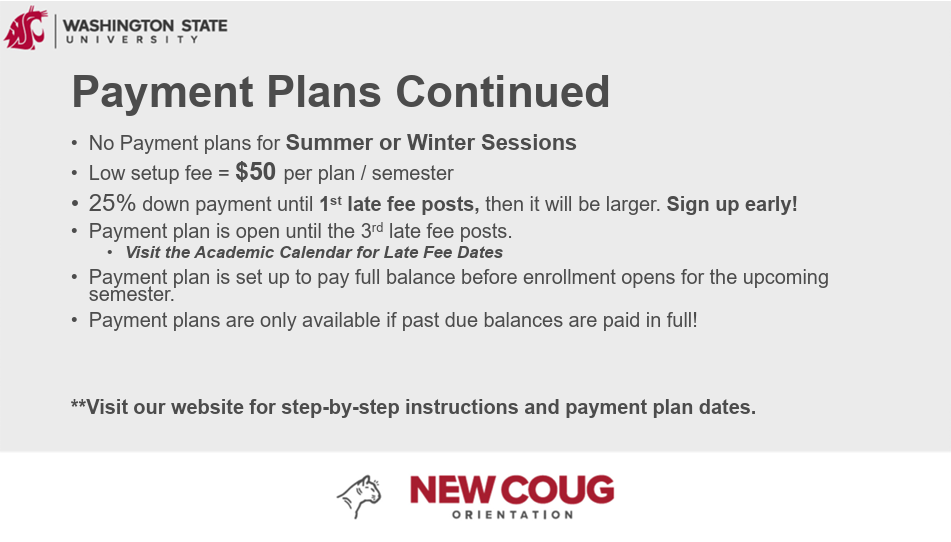Continuation of payment plan information outlining setup fees, down payment requirements, enrollment deadlines, and payment plan restrictions for summer and winter terms. Includes payment plan illustration.