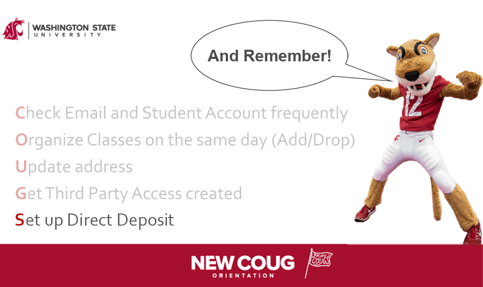 Reminder slide encouraging students to check email and monitor their student account regularly, organize classes on the same day and understand add/drop deadlines, keep mailing and contact addresses up to date, create third-party account access for p