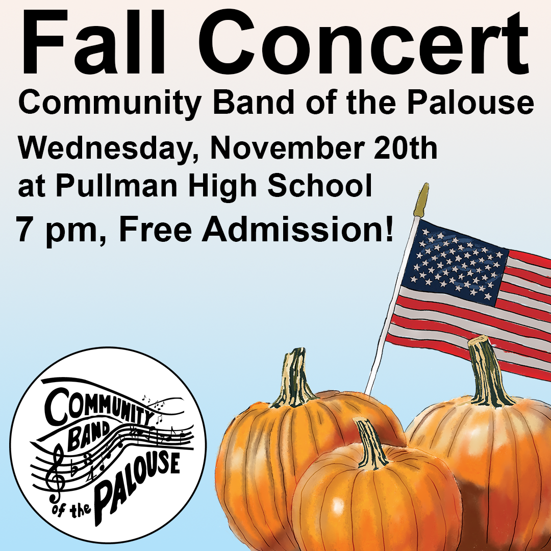 Social media post designed for the Community Band of the Palouse Fall Concert featuring illustrated autumn pumpkins, an American flag, concert date and location information, and free admission details.