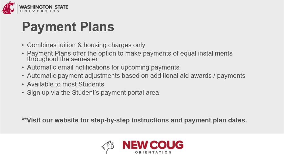 Information slide describing student payment plan options, including installment payments, automatic notifications, eligibility requirements, and online enrollment instructions. Features a payment plan or financial management graphic.