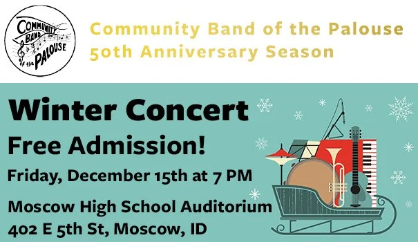 Local Tri-State Board Marketing Ad designed for the Community Band of the Palouse Winter Concert. The design features a winter-themed illustration of musical instruments in a sleigh, concert date and location information, free admission details, and 
