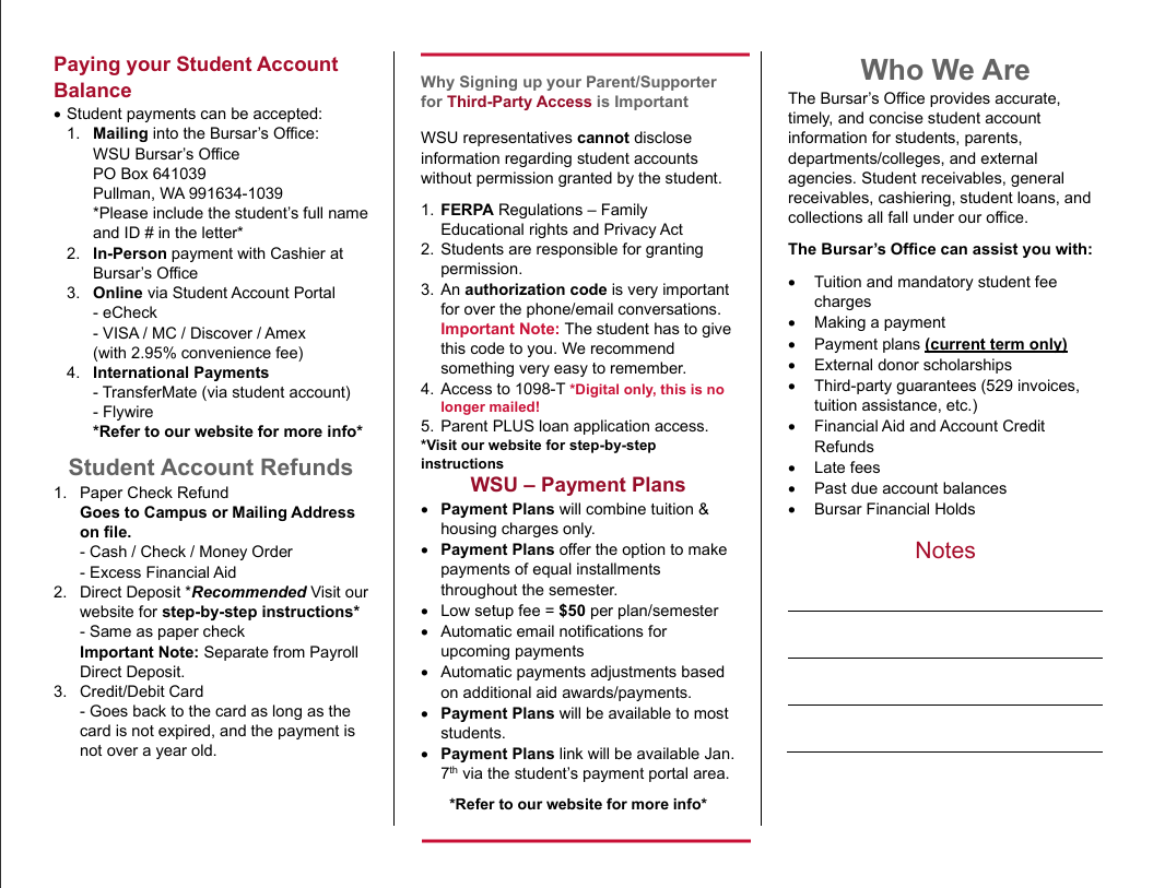 Marketing brochure designed for Washington State University New Coug Orientation featuring student account payment options, refund information, third-party access guidance, payment plan details, and an overview of Bursar's Office services for student