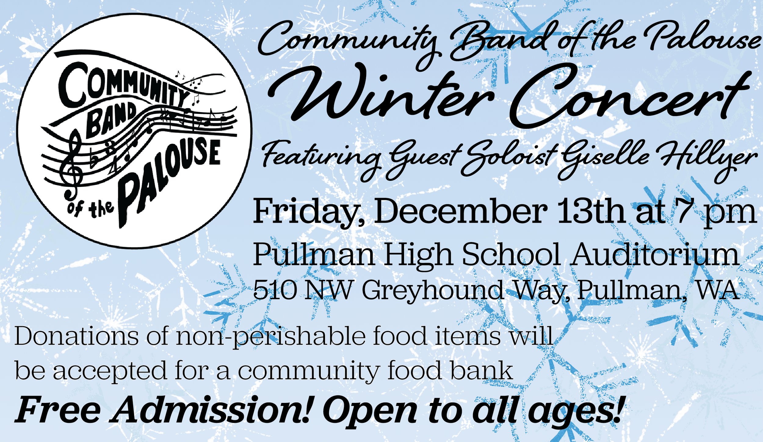 Local Tri-State Board Marketing Ad designed for the Community Band of the Palouse Winter Concert featuring snowflake graphics, guest violin soloist Giselle Hillyer, concert date and location information, free admission details, and community food ban