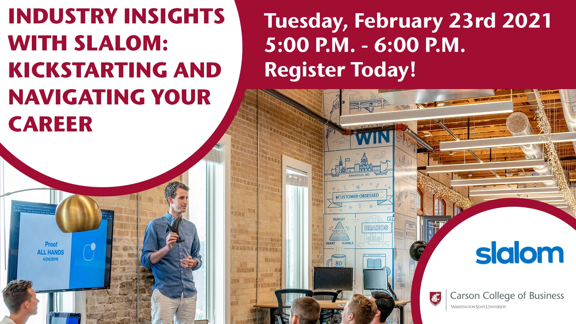 Marketing graphic designed for Washington State University Carson College of Business promoting an Industry Insights event with Slalom. The design features event date and registration information, Carson College and Slalom branding, and a photograph 