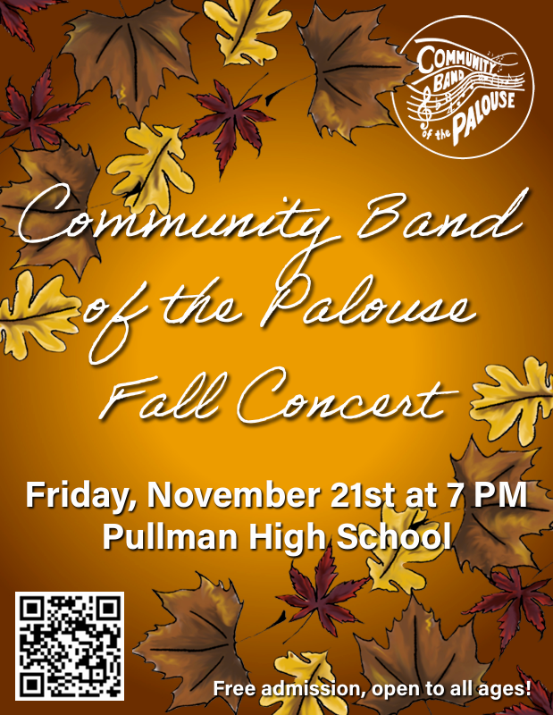 Marketing poster designed for the Community Band of the Palouse Fall Concert featuring illustrated autumn leaves, a QR code for event information, concert date and location details, and free admission messaging.