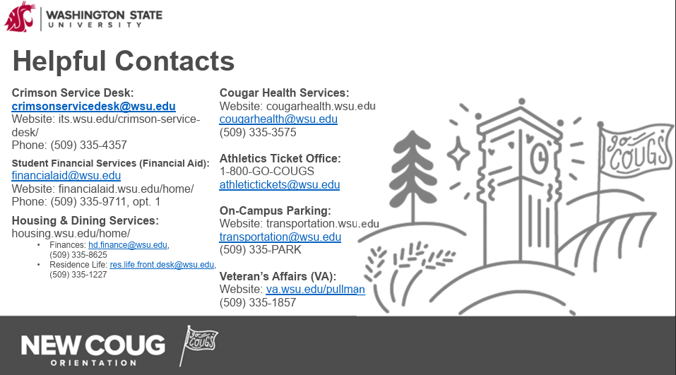 Resource directory listing important WSU contacts including Crimson Service Desk, Financial Aid, Housing and Dining Services, Cougar Health Services, Athletics Ticket Office, Parking Services, and Veterans Affairs. Features a campus resource or direc