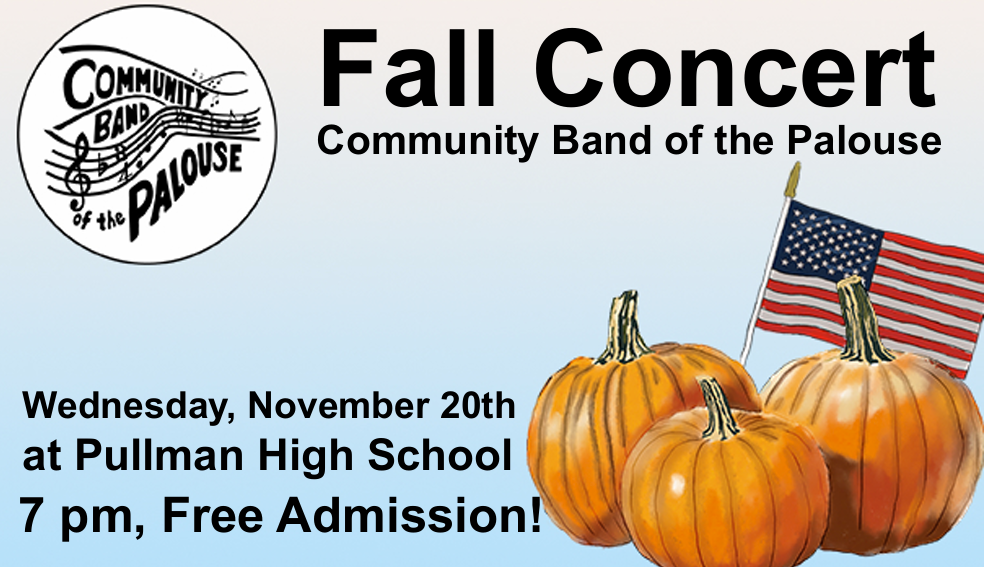 Local Tri-State Board Marketing Ad designed for the Community Band of the Palouse Fall Concert featuring illustrated autumn pumpkins, an American flag, concert date and location information, and free admission details.
