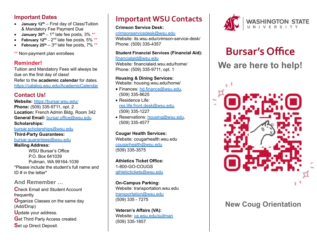 Marketing brochure designed for Washington State University New Coug Orientation featuring important student account dates, Bursar's Office contact information, campus resource contacts, a QR code linking to additional information, and a student-focu