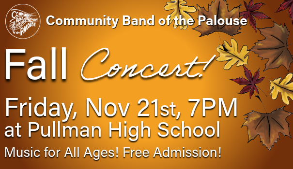 Local Tri-State Board Marketing Ad designed for the Community Band of the Palouse Fall Concert featuring illustrated autumn leaves, concert date and location details, and free admission messaging.