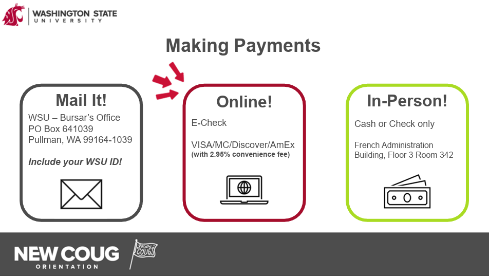 Instructional slide outlining student payment methods including mail, online payments, credit cards, e-checks, cash, and checks. Features an illustration representing payments or financial transactions.
