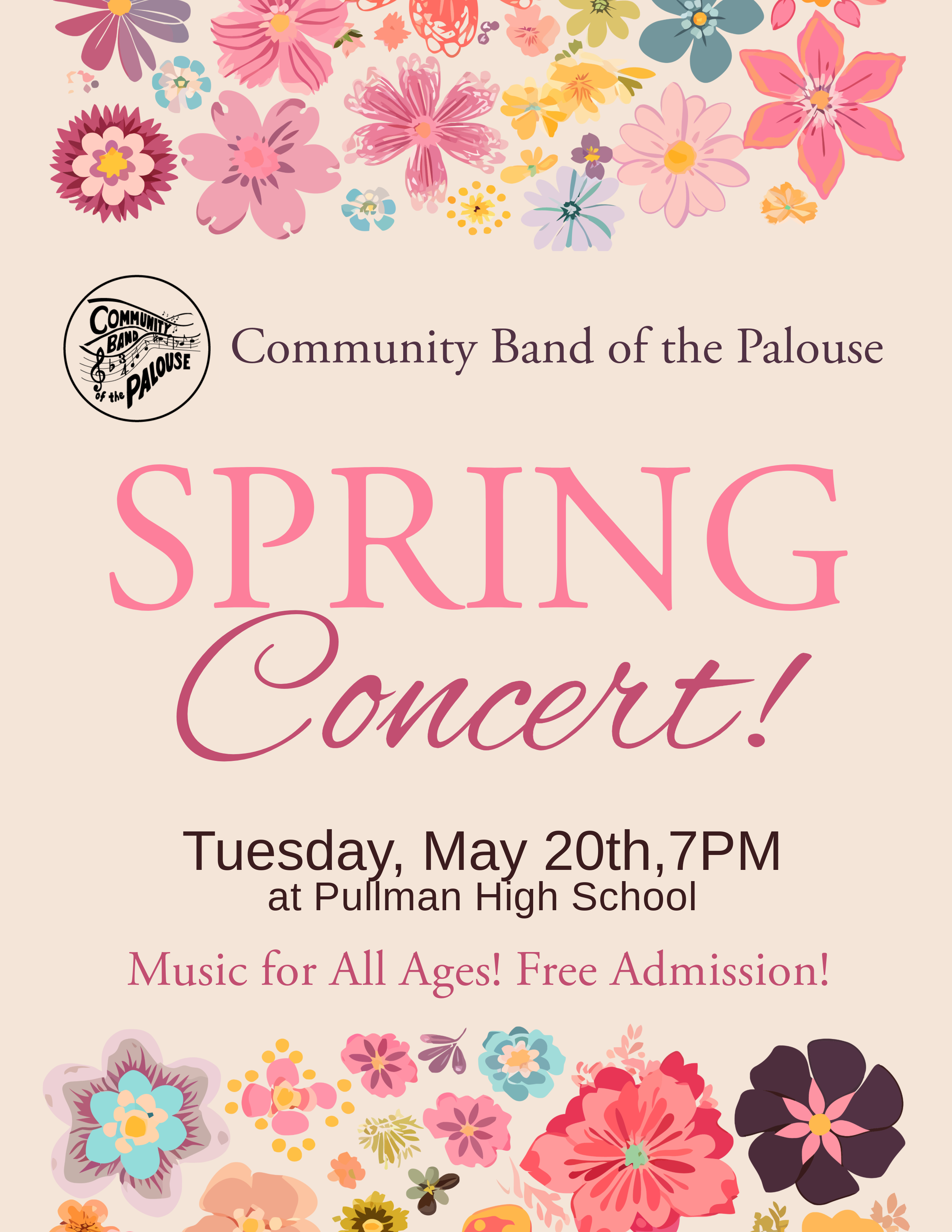 Marketing poster designed for the Community Band of the Palouse Spring Concert featuring colorful floral illustrations, concert date and location information, and free admission messaging for audiences of all ages.