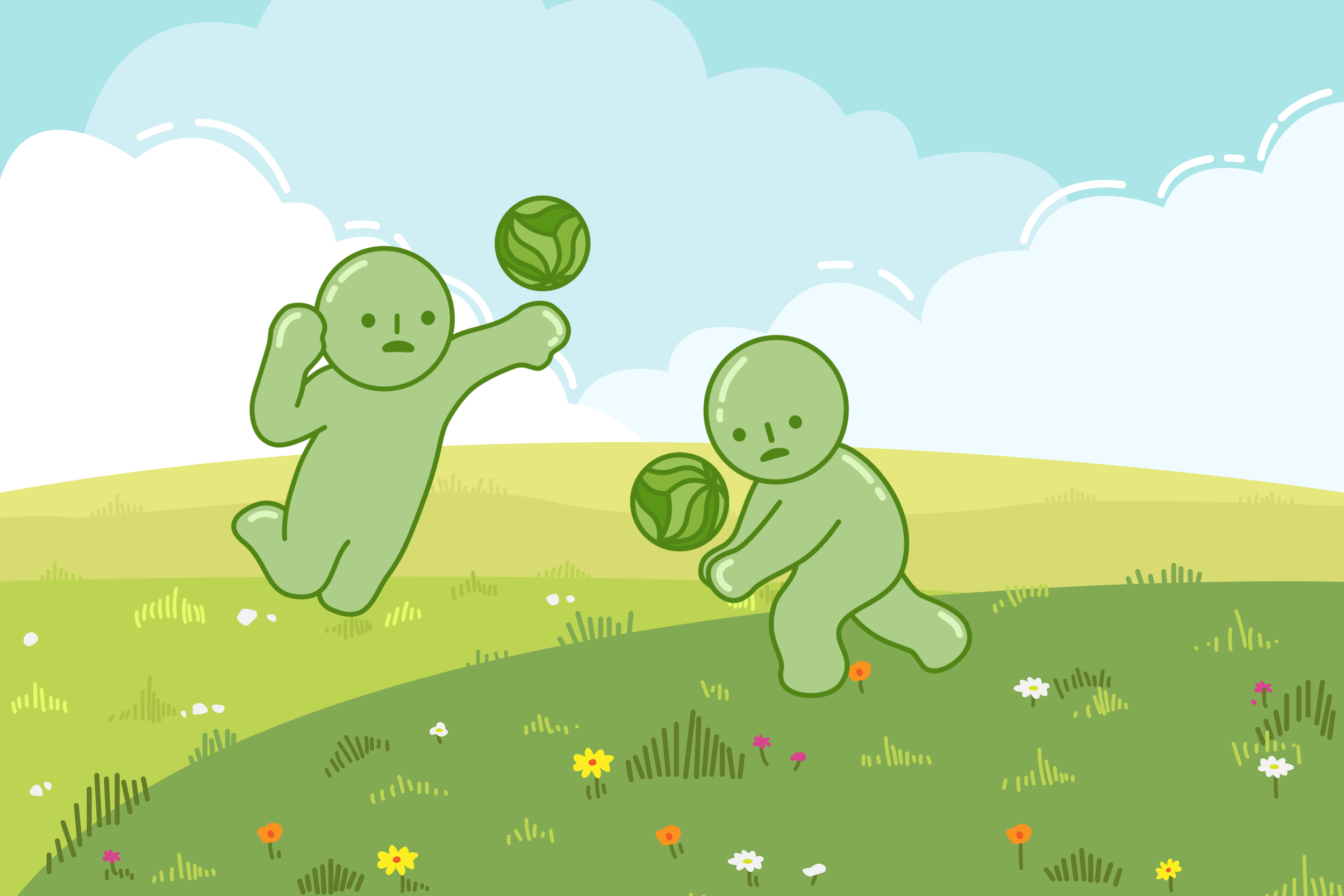 Two cartoon green creatures with faces playing on a grassy field with flowers. One creature is juggling two green balls, and the other is falling or sitting on the grass. The scene is set outdoors with blue sky and clouds in the background.