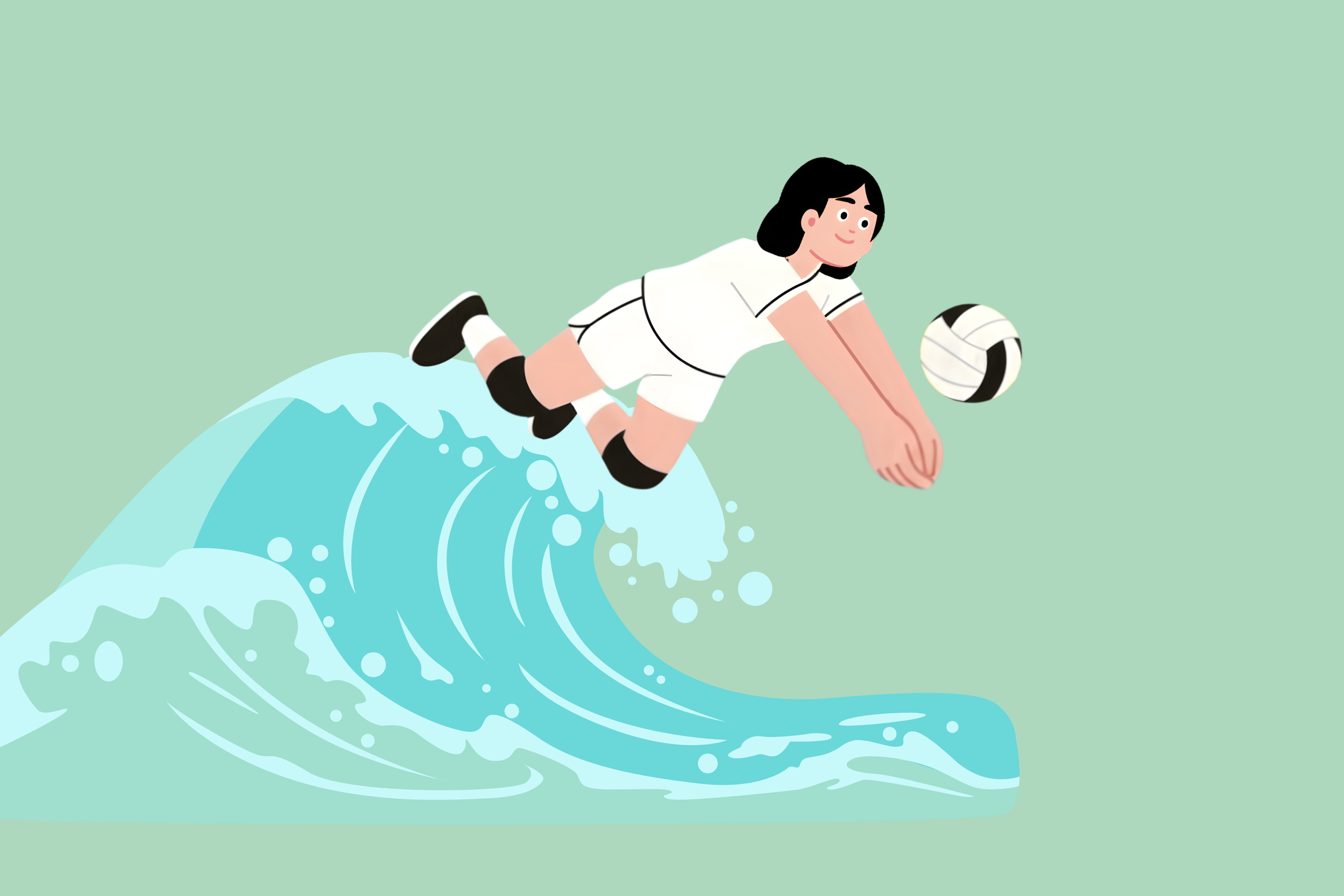 Illustration of a girl diving onto a wave with a volleyball, depicted in a flat, cartoon style with pastel colors.