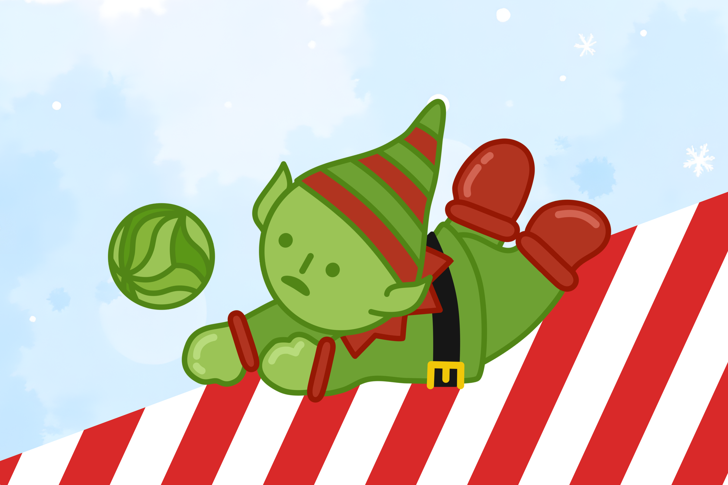 A cartoon illustration of a green elf holding a Christmas ornament against a snowy sky with falling snowflakes. The elf is wearing a red and green striped hat and a red outfit with black belt and yellow buckle.