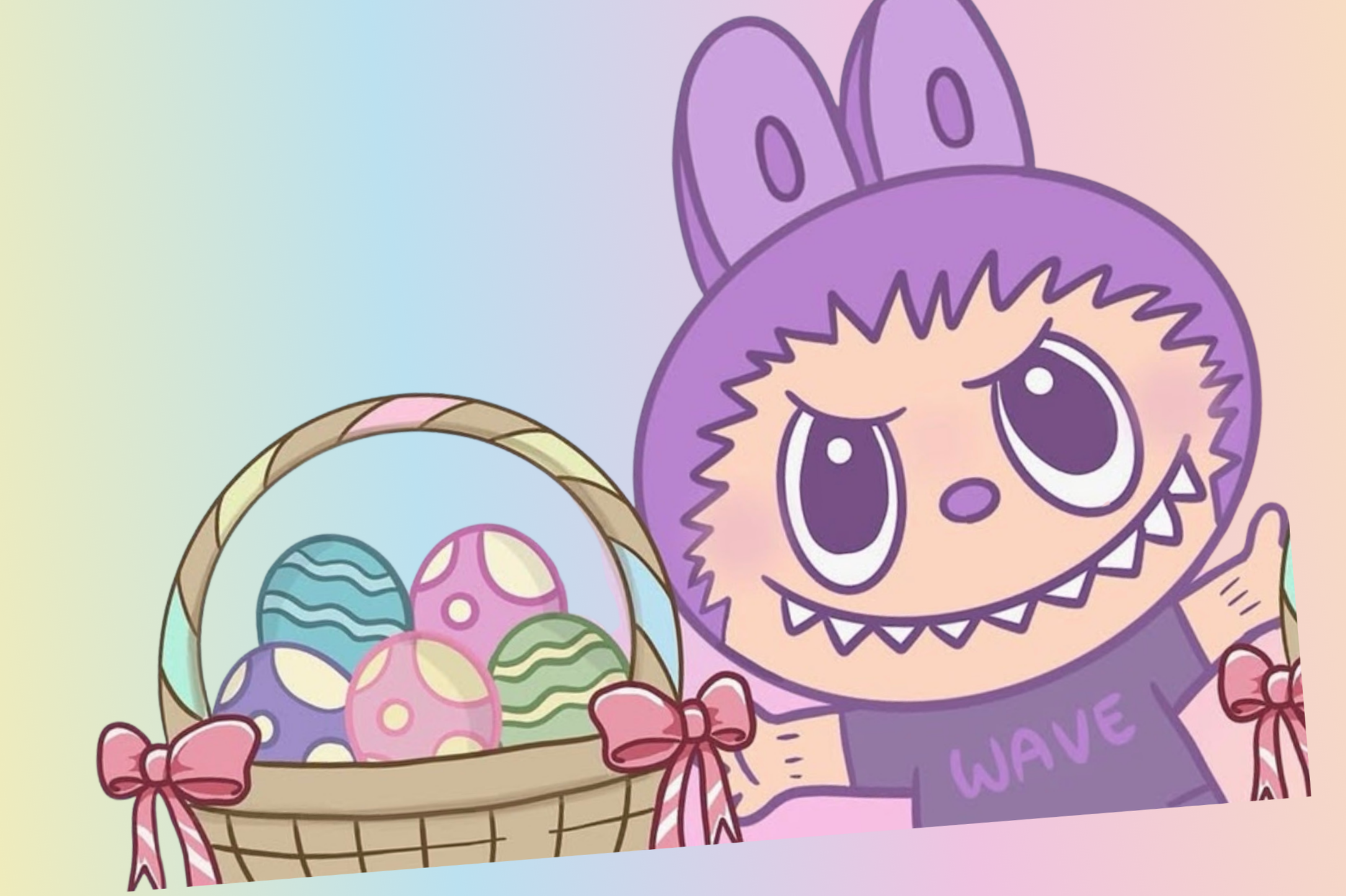 A cartoon illustration of a purple creature with big eyes and bunny ears, holding a basket of colorful decorated Easter eggs.