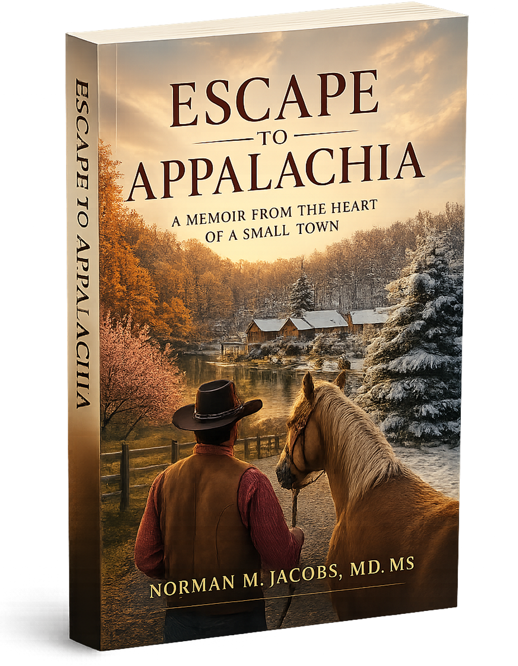 Book cover titled "Escape to Appalachia" featuring an illustration of a man with a hat and vest standing with a horse in a winter landscape with snow-covered trees, a river, and small houses, at sunset.
