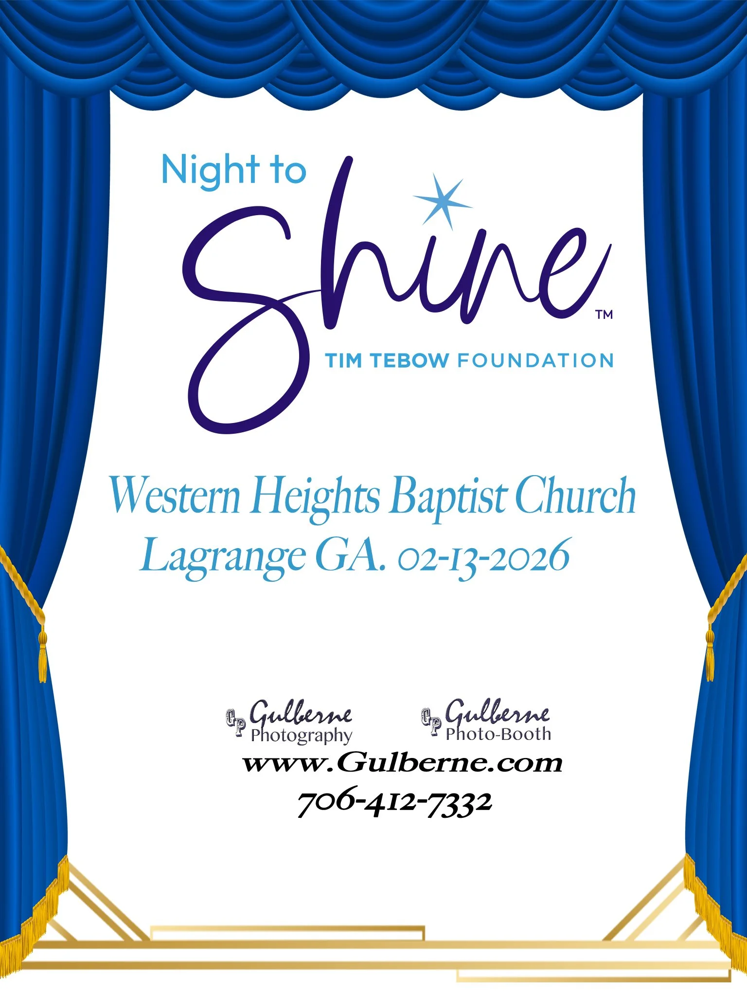 Event flyer with blue stage curtains, promoting 'Night to Shine' by the Tim Tebow Foundation, held at Western Heights Baptist Church in LaGrange, GA, on February 13, 2026, sponsored by Guilberne Photography and Photo-Booth, including their logos and 