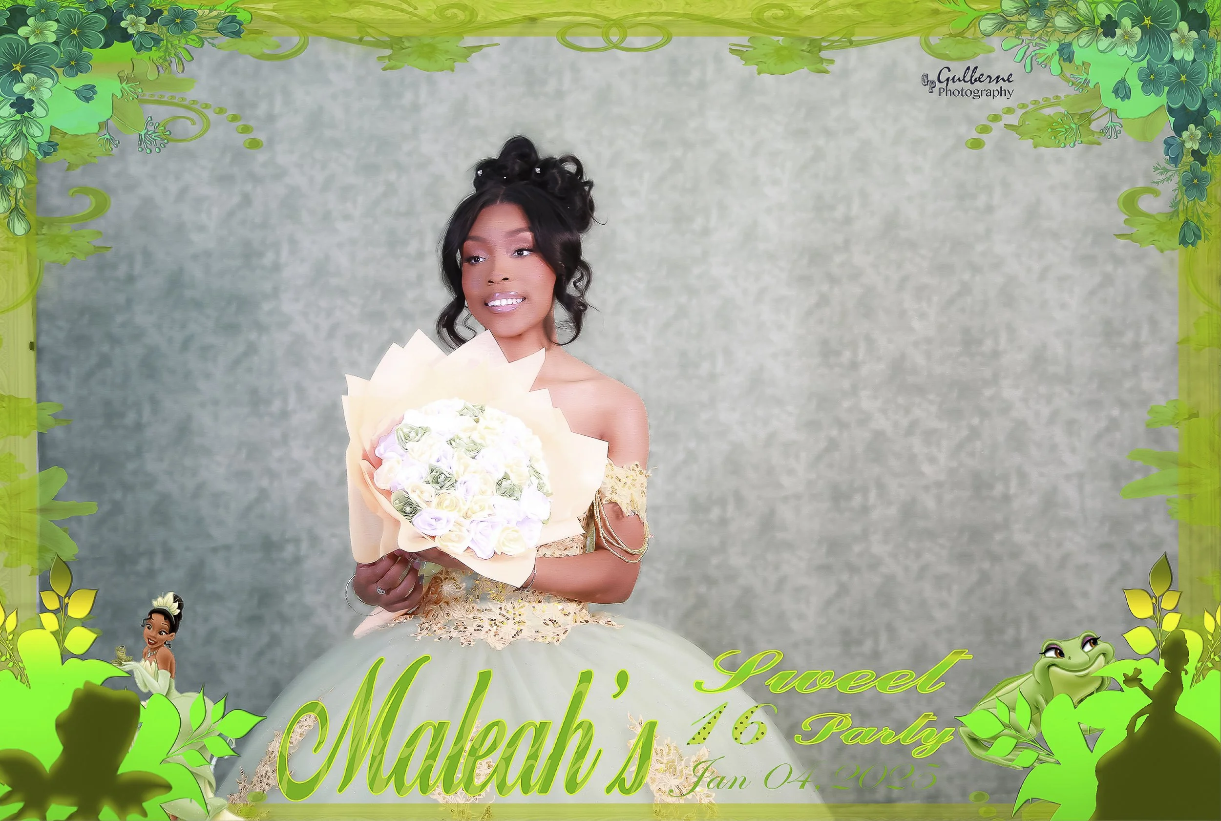 Sweet sixteen photobooth session 
A woman in a fancy dress holding a bouquet of white roses, standing against a textured gray background with a vibrant green decorative border featuring foliage, flowers, and animated characters.