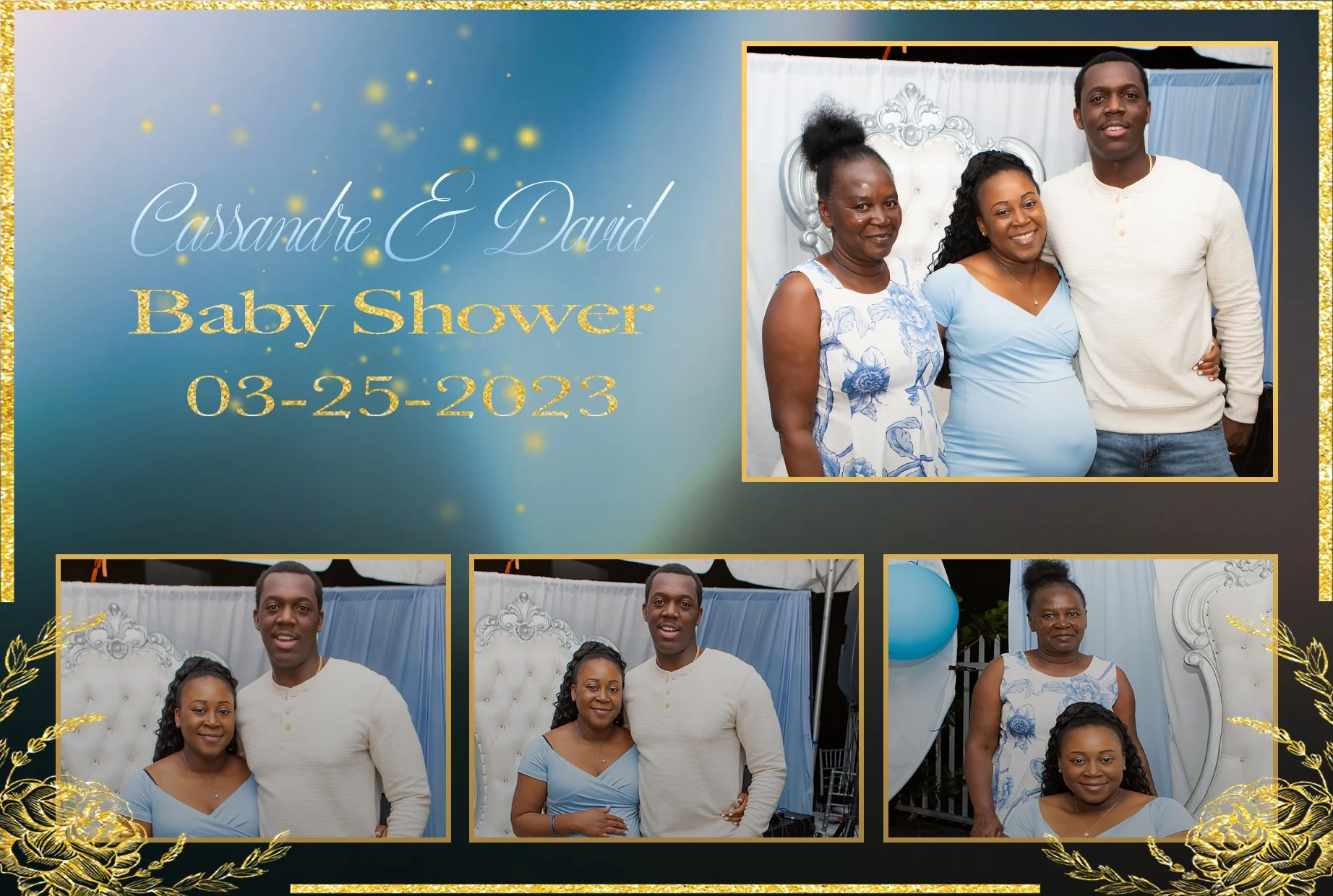 A collage of photographs from Casandre and David's baby shower held on March 25, 2023. The main photo features three people, two women and a man, standing together and smiling at the camera. The background includes white curtains and decorative eleme