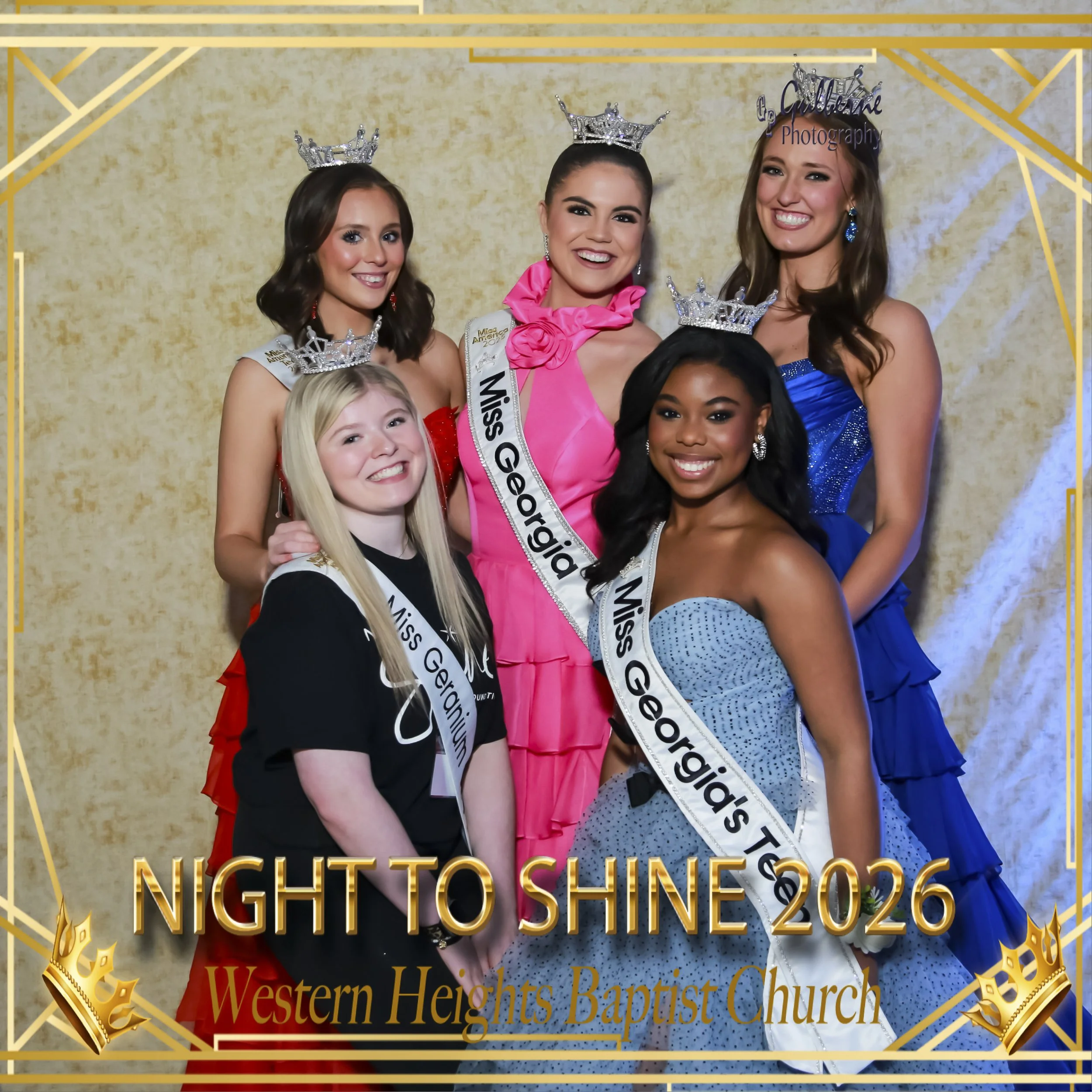 Three women wearing crowns and sashes at a beauty pageant event. One woman in pink, one in blue, and one in black. There are additional women in the background. Text overlay includes event details: 'Night to Shine 2026' and 'Western Heights Baptist C
