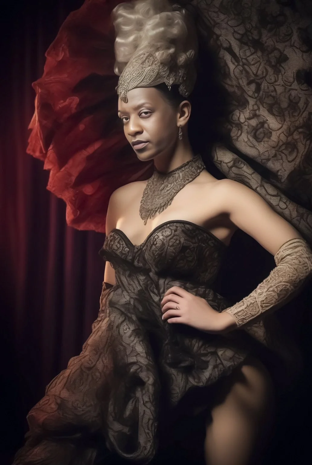AI PhotoBooth Template
A woman wearing a dark, intricately patterned strapless dress with lace gloves, a lace choker, and a decorative headdress, lying on a surface with dark and red fabrics around her.